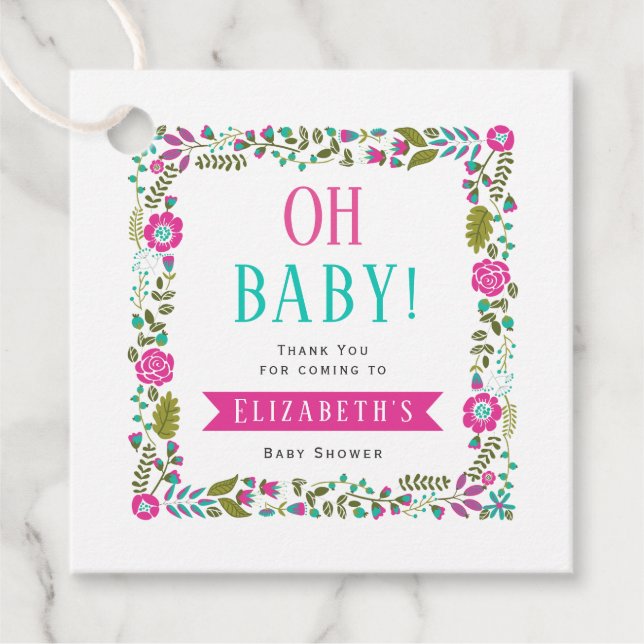 Oh, Baby! Aqua, rosa Blumendusche, Babydusche Dank Geschenkanhänger (Vorderseite)