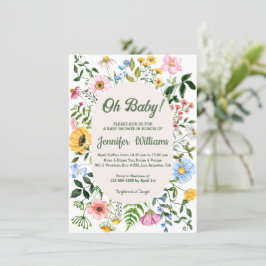 oh Baby, Baby Dusche Aquarell Wildblumen grün Einladung