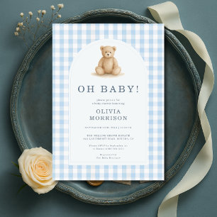 Oh Baby Bear Blau kariert Baby-Party Einladung