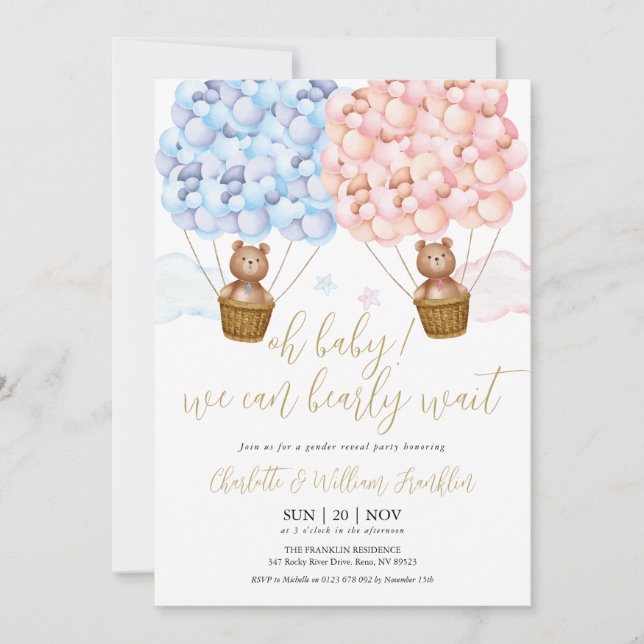 Oh Baby Bearly Wait Teddy Bear Gender Reveal Party Einladung (Vorderseite)