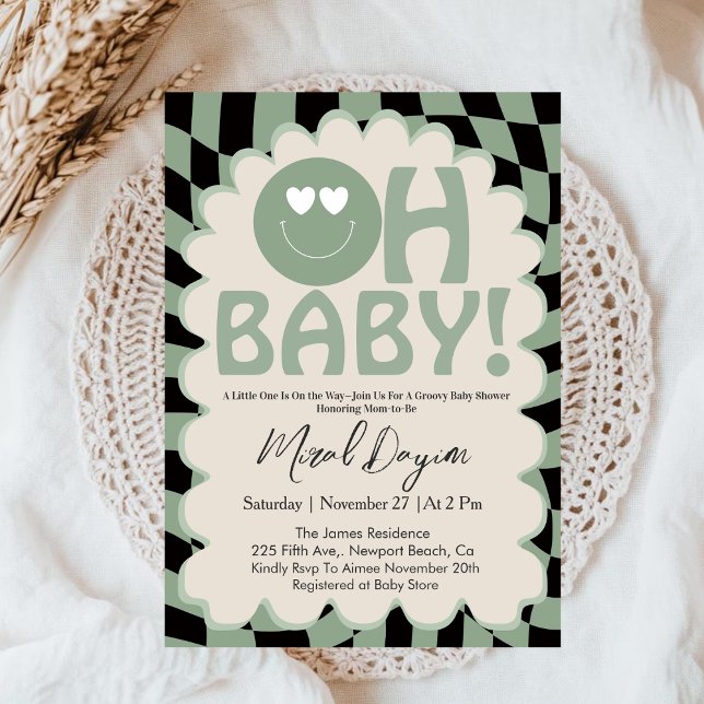 Oh Baby Beige & Sage Groovy Neutral Baby Shower Einladung (Von Creator hochgeladen)