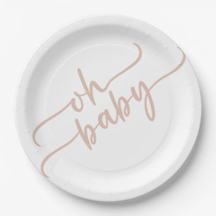 "Oh Baby" Beige Script Baby Dusche Pappteller