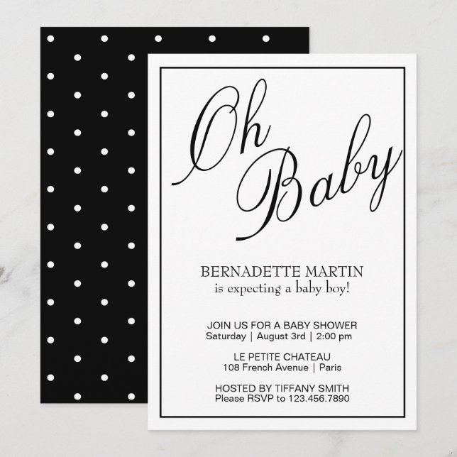Oh Baby Black and White Elegant Baby Shower Einladung (Vorne/Hinten)