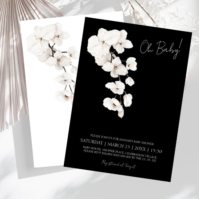 Oh Baby Black and White Orchids Baby Dusche Einladung (Oh Baby! Modern Black and White Orchids Flowers Baby Shower Invitation)
