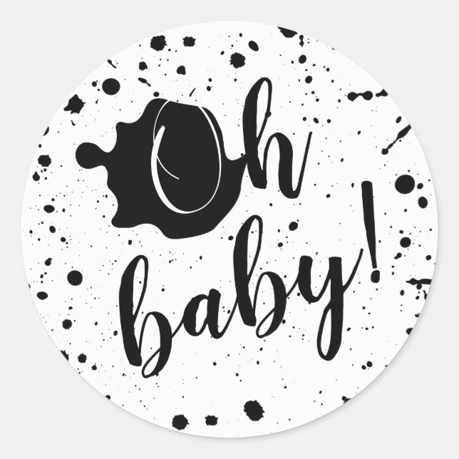 Oh Baby Black and White Paint Spritzer Babydusche Runder Aufkleber (Vorderseite)