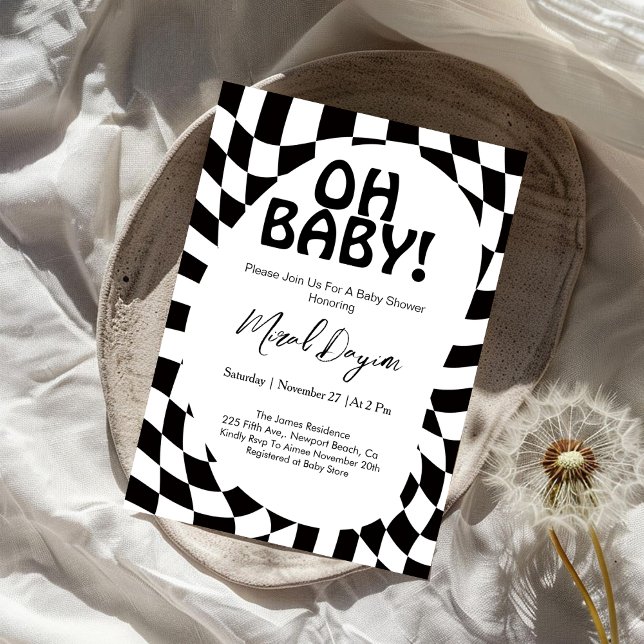 Oh Baby! Black Checkered Modern Baby Shower  Einladung (Von Creator hochgeladen)