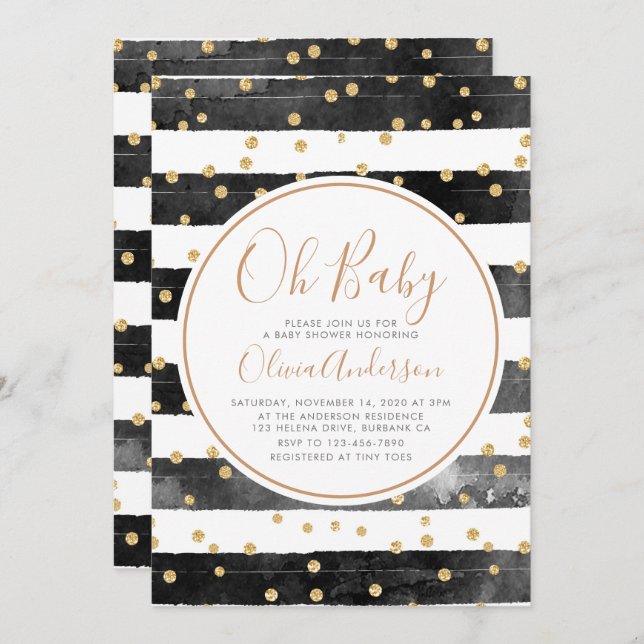 Oh Baby Black Strip Glitzer Babydusche Einladung (Vorne/Hinten)