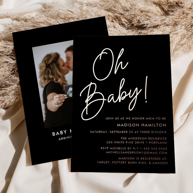 Oh Baby Black und Rose Gold Script Baby Dusche Folieneinladung (Von Creator hochgeladen)