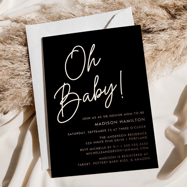 Oh Baby Black und Rose Gold Script Baby Dusche Folieneinladung (Von Creator hochgeladen)