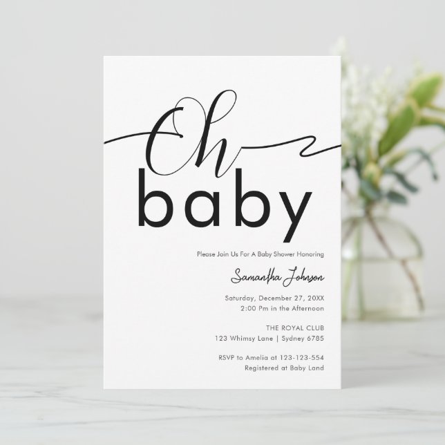 Oh Baby Black und White Trendy Einfach Minimalisti Einladung (Stehend Vorderseite)