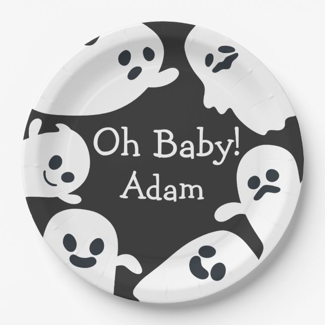 Oh, Baby! Black & White Halloween Herbstdusche Pappteller (Vorderseite)