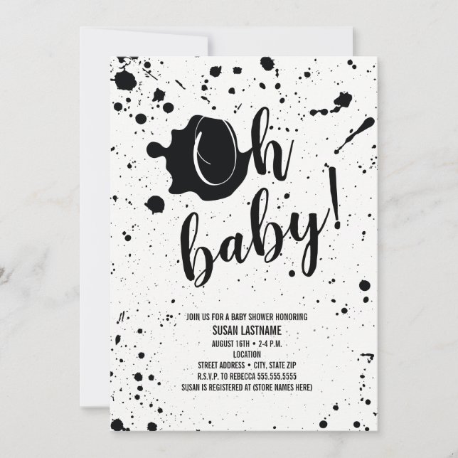 Oh Baby Black + White Spritzer Neutral Baby Dusche Einladung (Vorderseite)