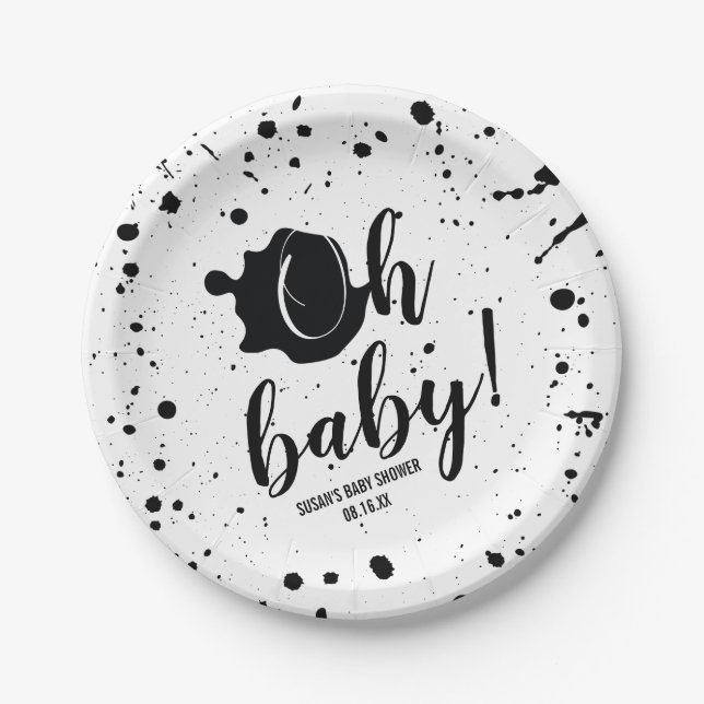 Oh Baby Black + White Spritzer Unisex Kinderdusche Pappteller (Vorderseite)