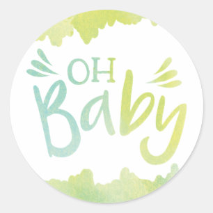 "Oh Baby" Blue and Green Watercolor Baby Show Runder Aufkleber