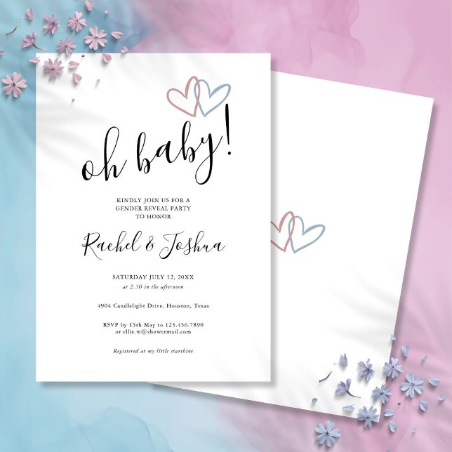 Oh Baby Blue and Pink Hearts Gender Reveal Party Einladung (Oh Baby Blue And Pink Hearts Gender Reveal Party Invitation)