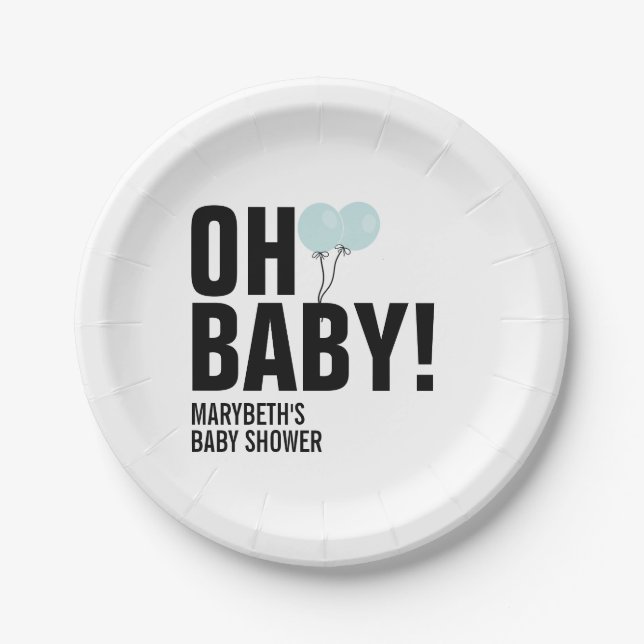 Oh Baby Blue Balloon Baby Shower Paper Plate Pappteller (Vorderseite)