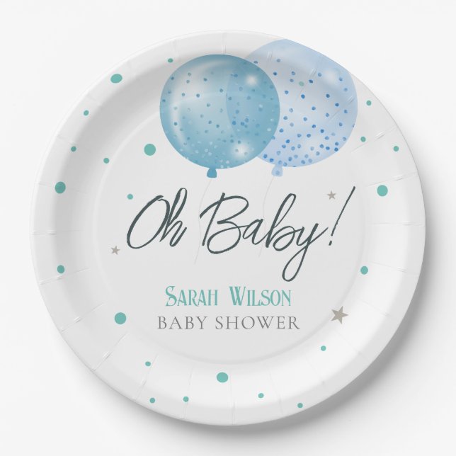 Oh Baby Blue Balloons Boy Baby Dusche Pappteller (Vorderseite)