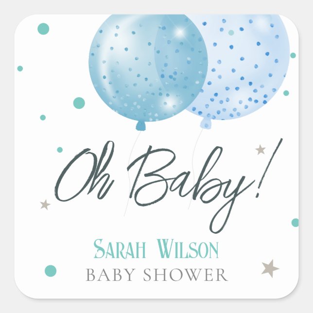 Oh Baby Blue Balloons Boy Baby Dusche Quadratischer Aufkleber (Vorderseite)