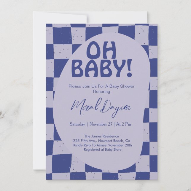 Oh Baby! Blue Checkered Modern Baby Shower Einladung (Vorderseite)