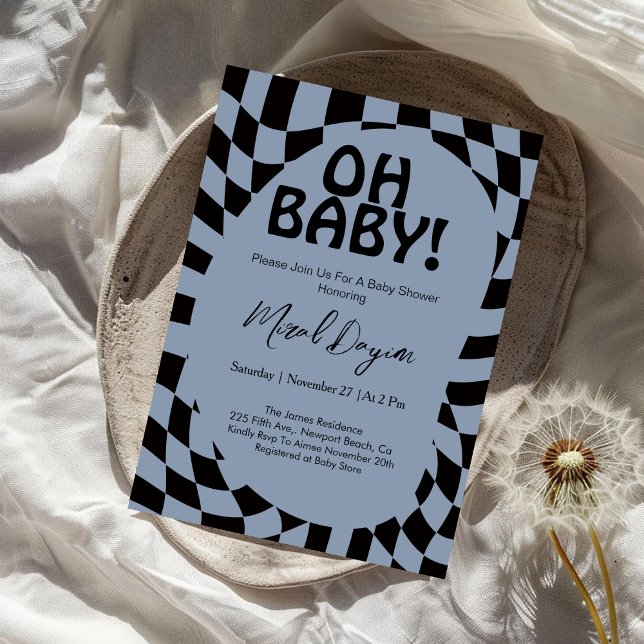 Oh Baby! Blue Checkered Modern Baby Shower  Einladung (Von Creator hochgeladen)