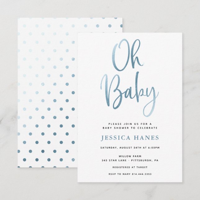 Oh Baby Blue Foil Babydusche Einladung (Vorne/Hinten)