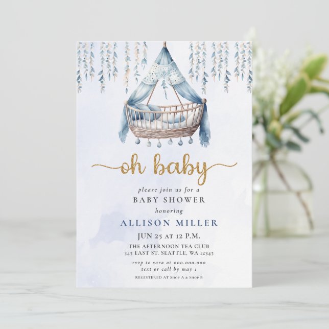 Oh Baby Blue Gold Crib Boho Boy Baby Dusche Einladung (Stehend Vorderseite)