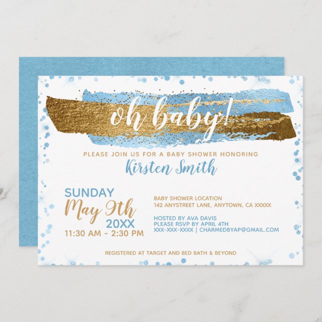 Oh Baby Blue Gold Simple Elegany Baby Shower Einladung (Vorne/Hinten)