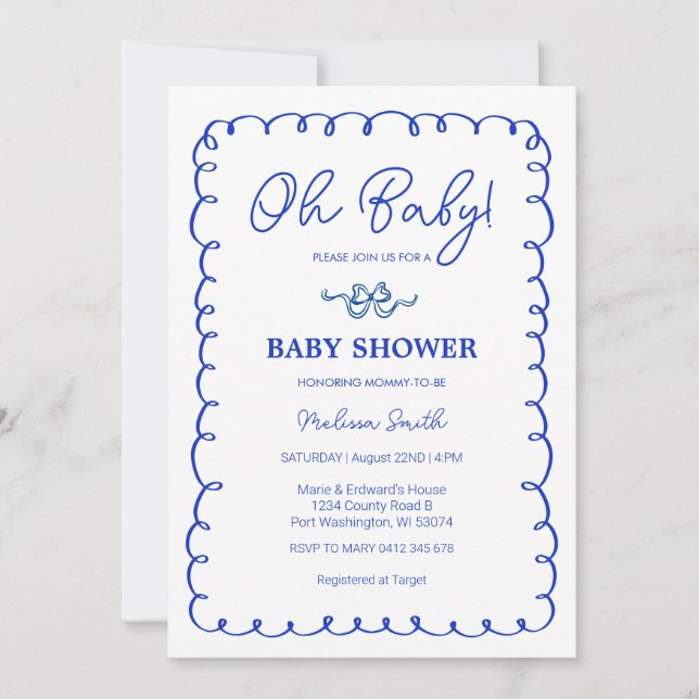 Oh Baby Blue Hand Drawing Baby Shower Einladung (Vorderseite)
