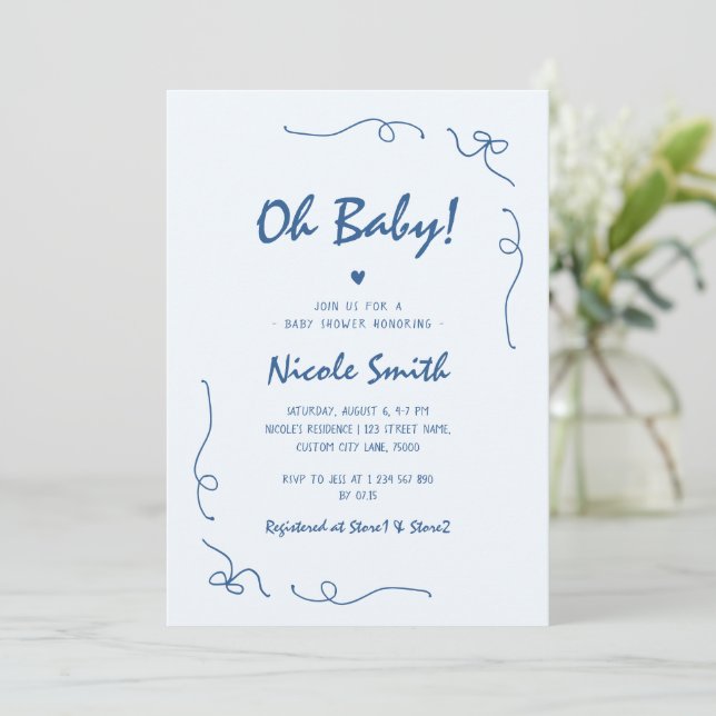 Oh Baby Blue Hand Drawing French Boy Baby Shower Einladung (Stehend Vorderseite)