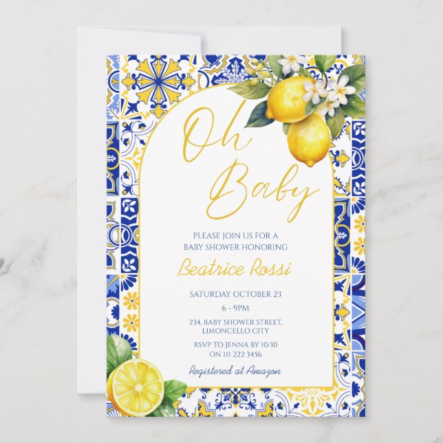 Oh Baby Blue Mediterrane Tile Lemon Babydusche Einladung (Vorderseite)