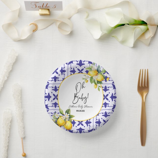 Oh, Baby! Blue Mediterranean Tile Lemon Babydusche Pappteller (Hochzeit)