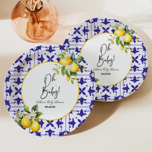 Oh, Baby! Blue Mediterranean Tile Lemon Babydusche Pappteller (Von Creator hochgeladen)