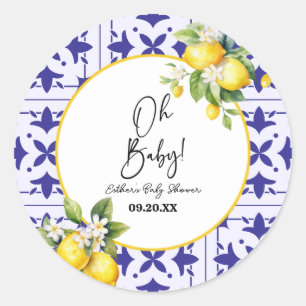 Oh, Baby! Blue Mediterranean Tile Lemon Babydusche Runder Aufkleber