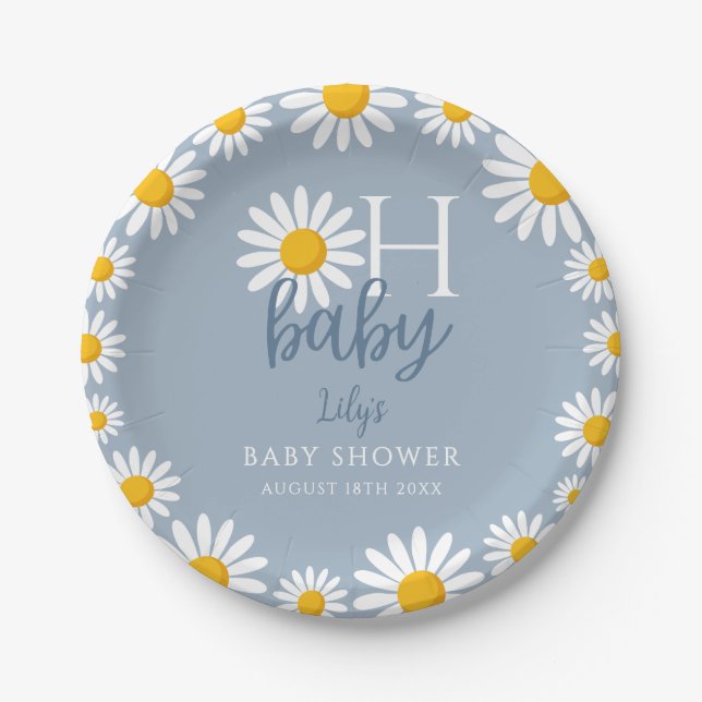 Oh Baby Blue Modern Daisy Baby Dusche Pappteller (Vorderseite)