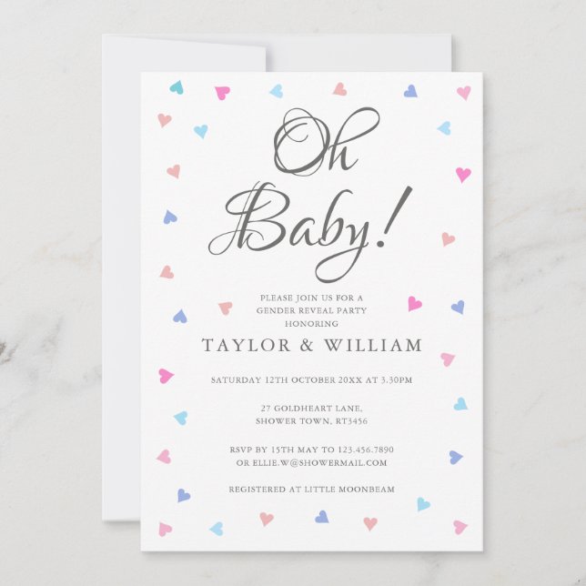 Oh Baby Blue Pink Hearts Gender Reveal Party Einladung (Vorderseite)