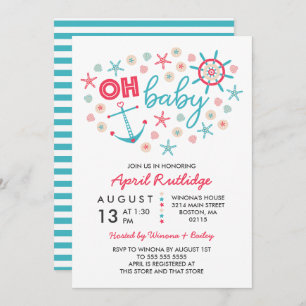 Oh Baby Blue & Red Nautical Baby Dusche Einladung