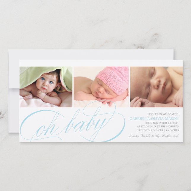 Oh Baby | Blue Script Birth Announcement Ankündigung (Vorderseite)