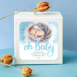 Oh Baby Blue Script Sweet Modern Boy Birth Foto Quadratischer Aufkleber
