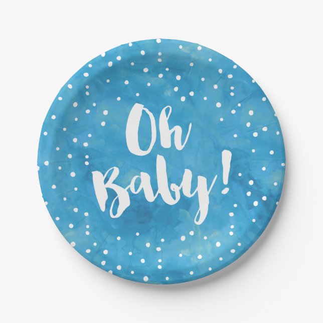 Oh Baby Blue Watercolor Baby Dusche Pappteller (Vorderseite)
