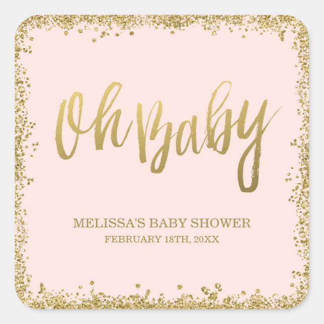 Oh Baby Blush Pink Gold Glitzer Babydusche Quadratischer Aufkleber (Vorderseite)