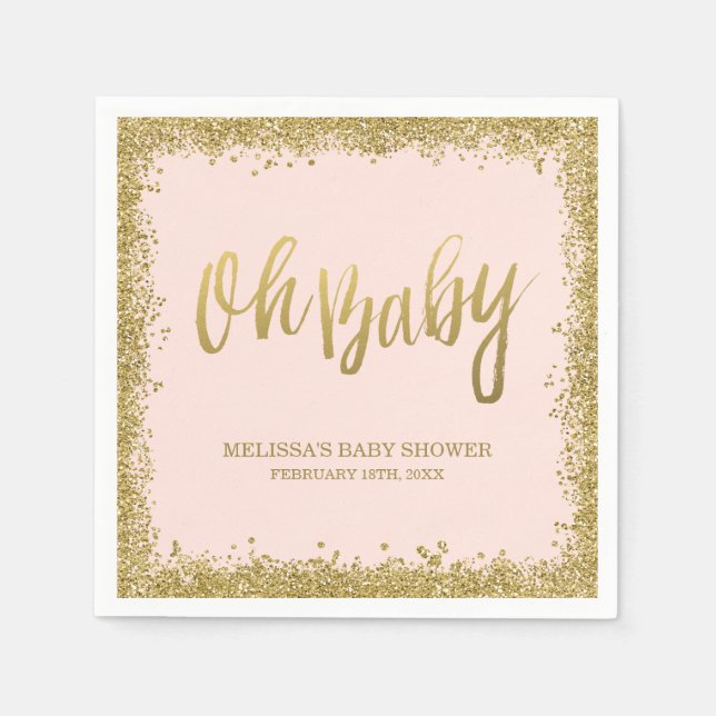 Oh Baby Blush Pink Gold Glitzer Babydusche Serviette (Vorderseite)