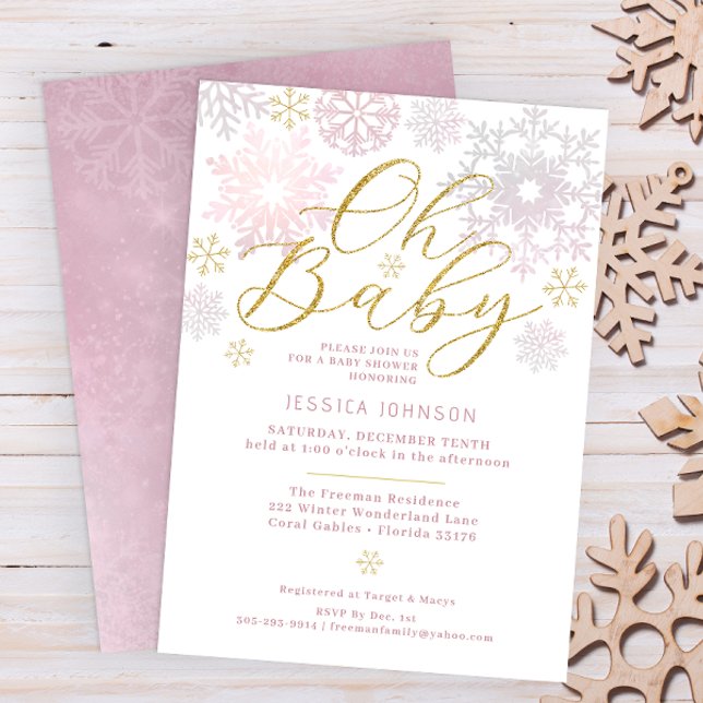 Oh Baby Blush Pink Snowflake Dusche einladen Einladung (Oh Baby Winter Wonderland Baby Shower - Pink & Glitter Gold)