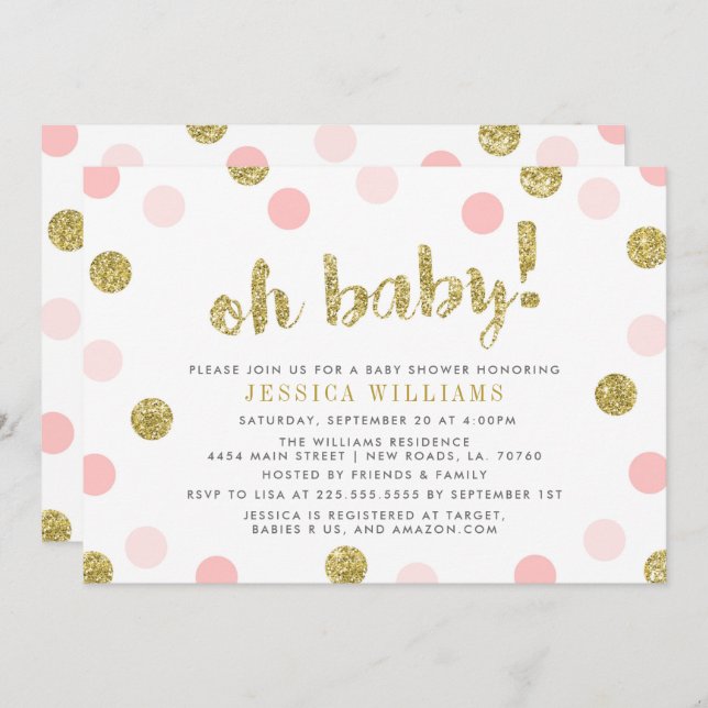 Oh Baby Blush Pink und Gold Baby Dusche Einladung (Vorne/Hinten)