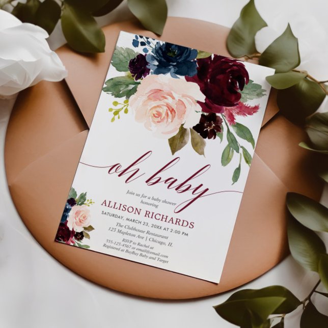 Oh Baby, blütenrosa Marsala blaue Babydusche Einladung (Von Creator hochgeladen)