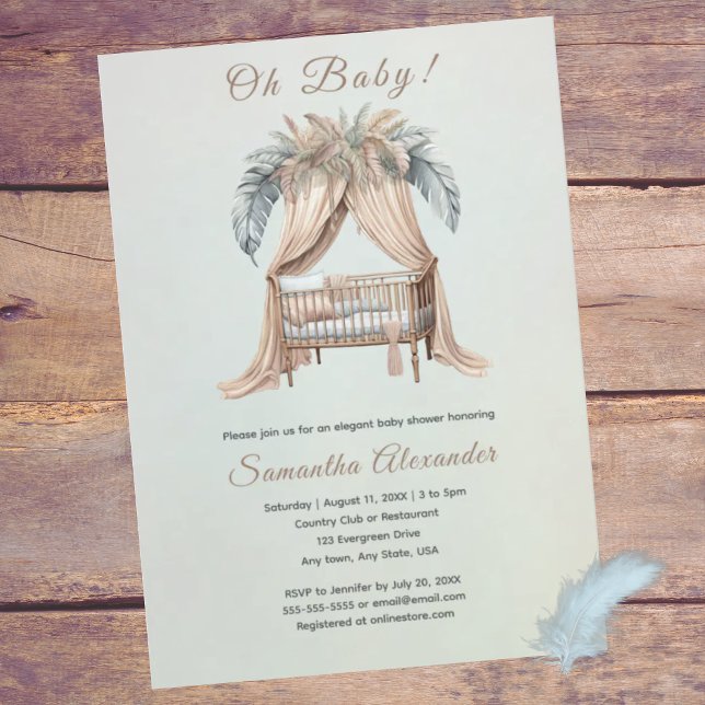 Oh Baby Boho Babydusche Einladung (Oh Baby! Boho feathers on crib.  Baby shower invitation. Soft peach, dusty blue. Whimsical.)