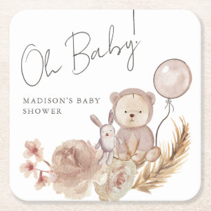 Oh Baby Boho Botanical mit süßem Bären-Baby-Shower Rechteckiger Pappuntersetzer