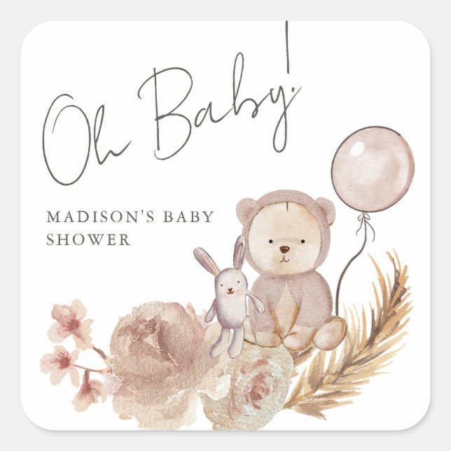 Oh Baby Boho Botanical mit Sweet Bear Baby Dusche Quadratischer Aufkleber (Vorderseite)