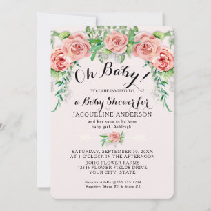 Oh Baby BOHO Mädchen-Shower Pink Rose Floral Schri Einladung