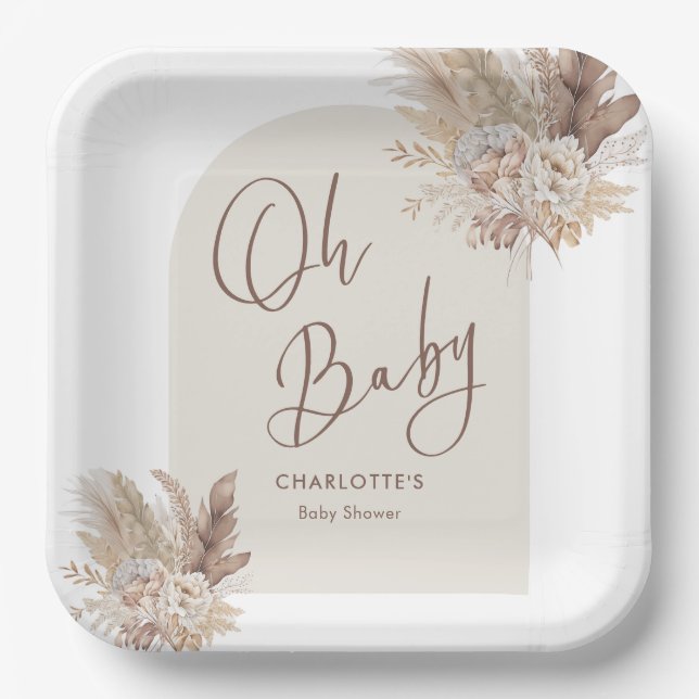 Oh Baby Boho Pampas Grass Neutral Baby Dusche Pappteller (Vorderseite)
