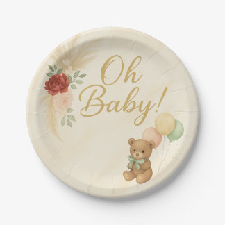 Oh Baby Boho Teddy Bear Baby Shower Round Plate Pappteller